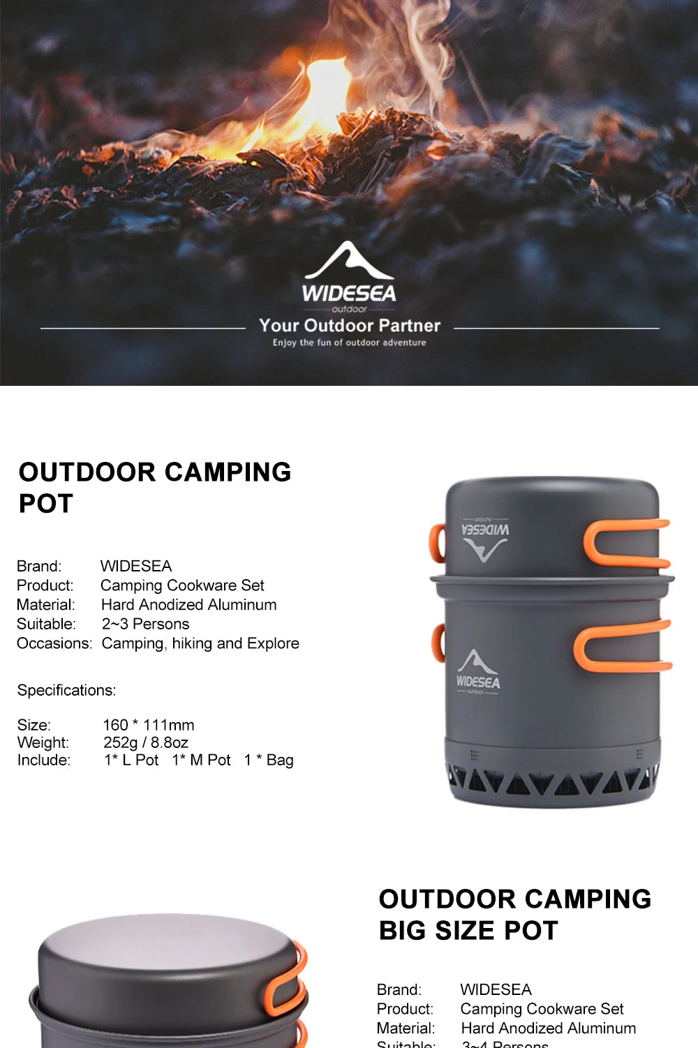 Widesea Camping Cookware Set – 1.3L/2.3L Pot & Kettle