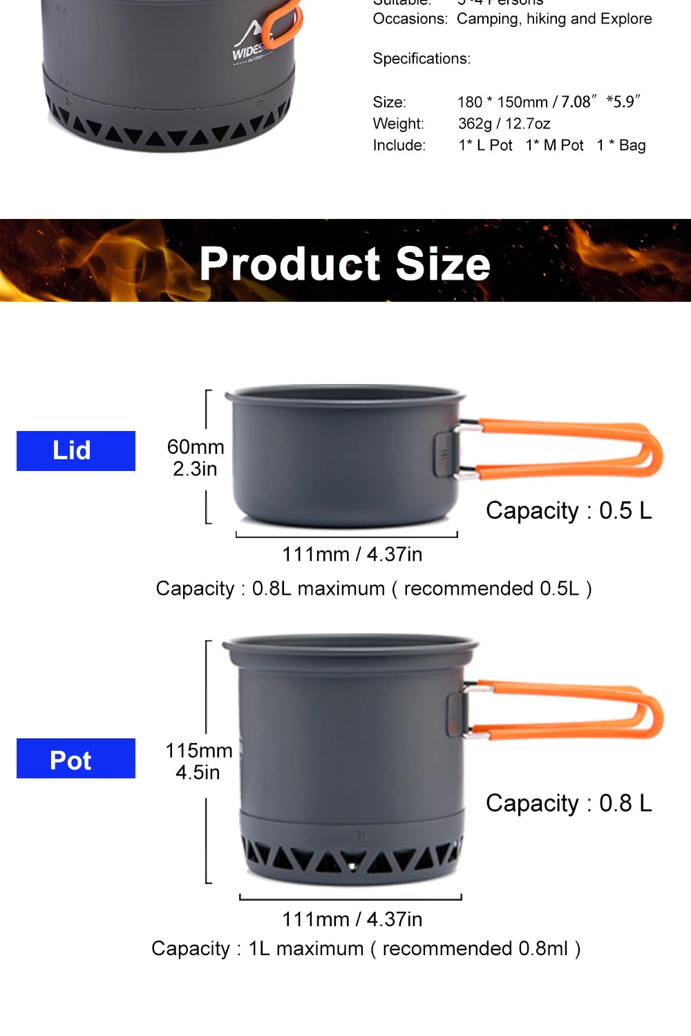 Widesea Camping Cookware Set – 1.3L/2.3L Pot & Kettle