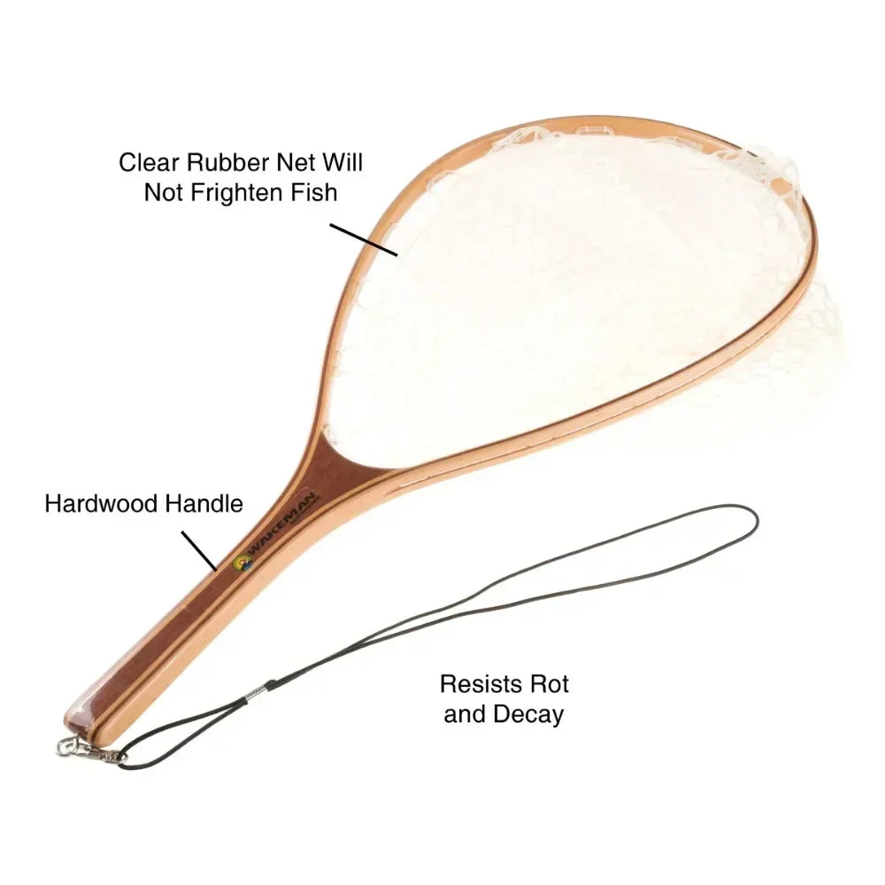 Fly Fishing Landing Net with Rubber Mesh & Wooden Handle