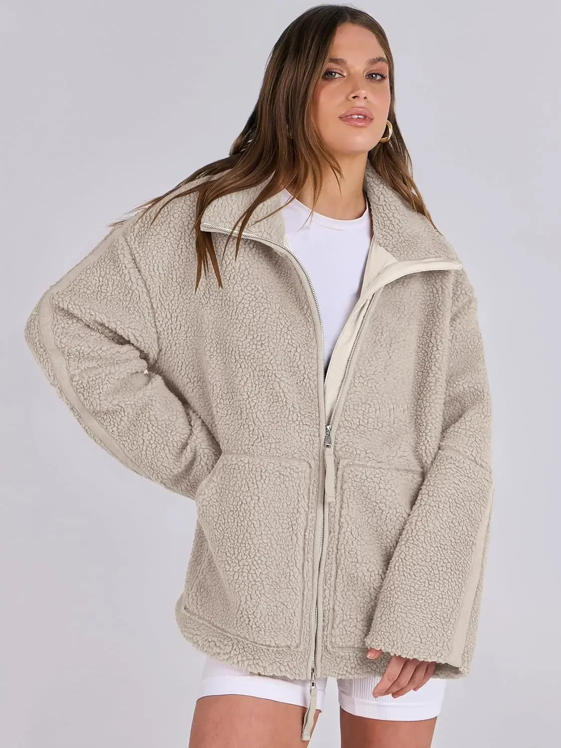 Women’s Oversized Sherpa Fleece Jacket with Pockets