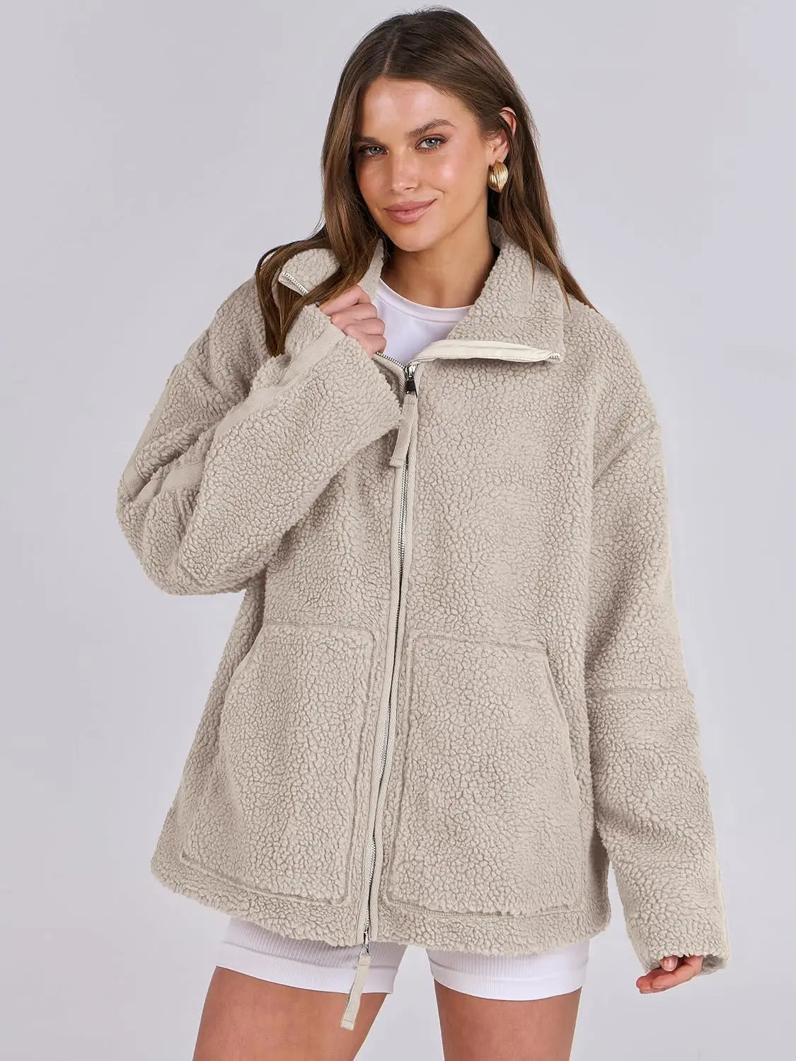 Women’s Oversized Sherpa Fleece Jacket with Pockets