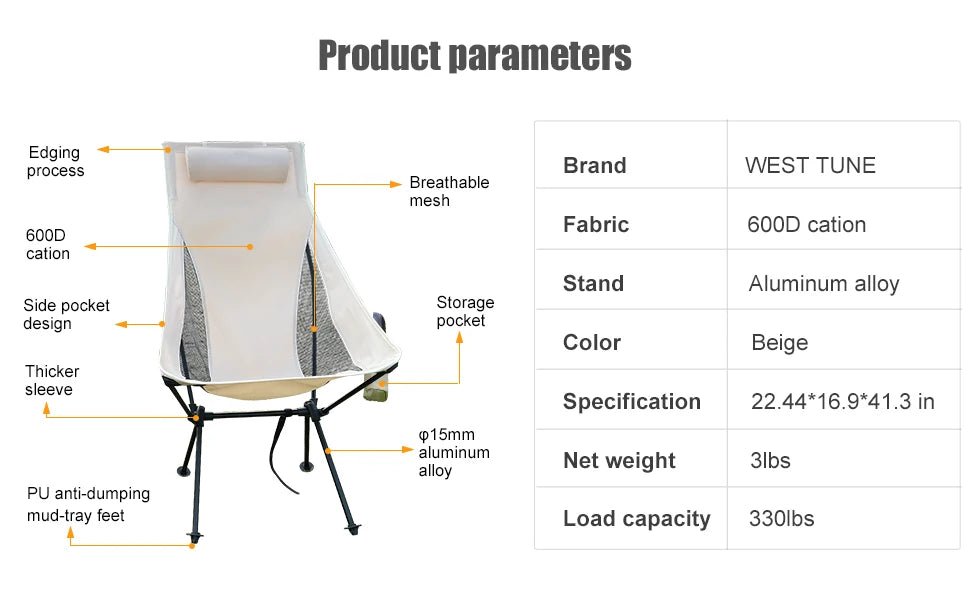 WESTTUNE Portable Folding Camping Chair with Headrest