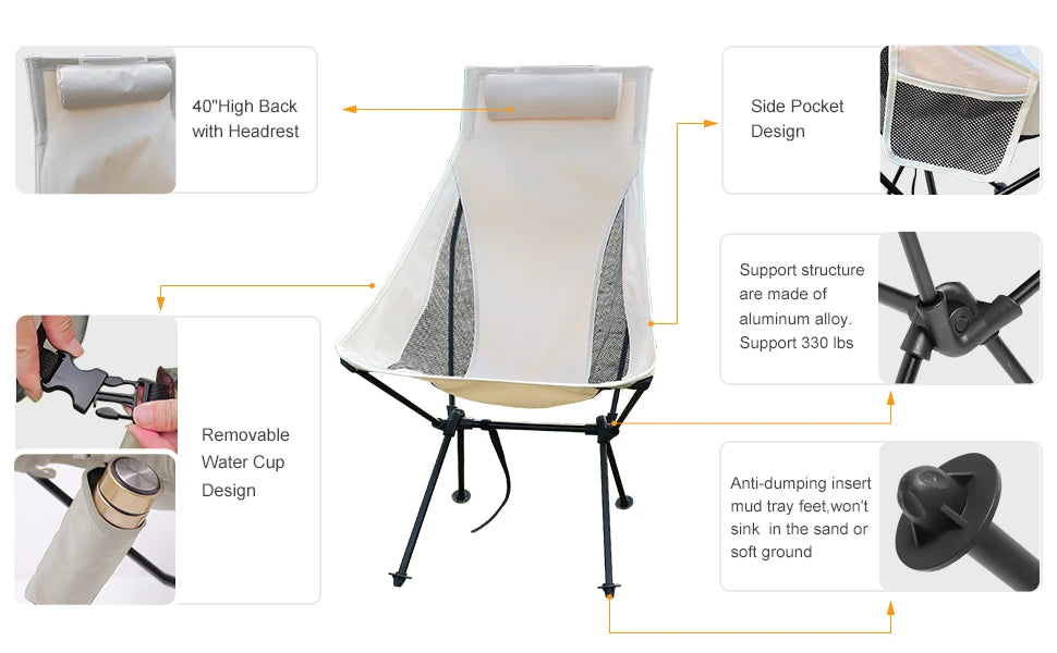 WESTTUNE Portable Folding Camping Chair with Headrest